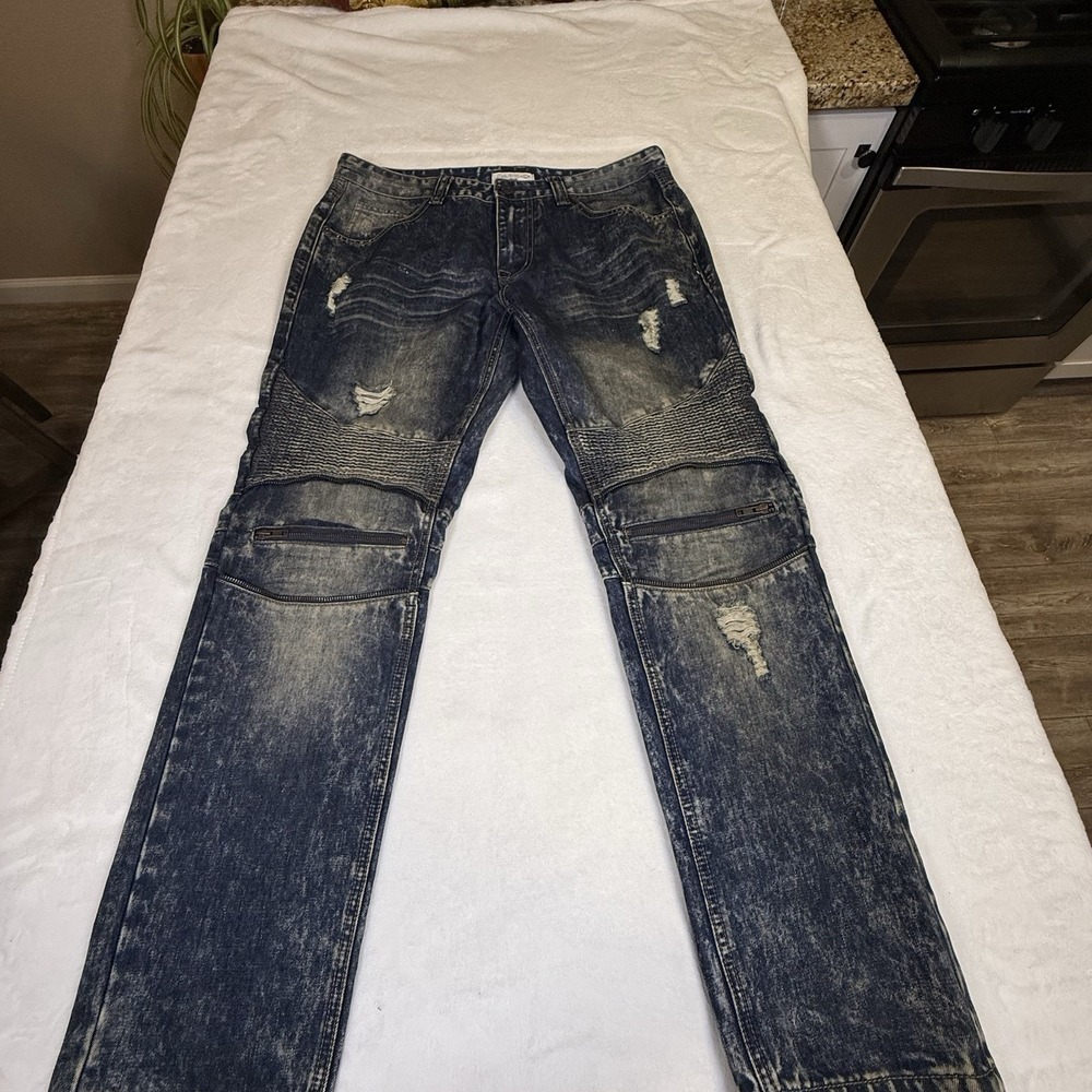 Smoke Rise Jeans Mens 36x32 Moto Biker Distressed Acid Wash Zipper Y2K Denim